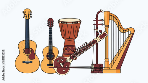 Collection of Musical Instruments Displayed Together.