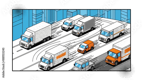 Urban transportation with isometric trucks and vans in motion on city roads
