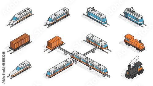 Diverse trains and carriages in isometric illustration on white background