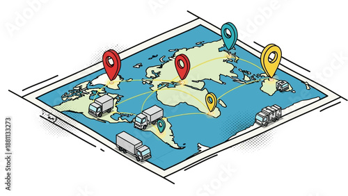 Global shipping routes on 3d world map with location pins and cargo trucks