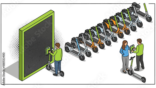 Isometric urban scooter rental concept with charging dock and digital payment
