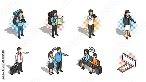 Diverse isometric characters engaged in travel and office activities, highlighting communication and exploration
