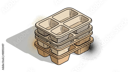 Stacked biodegradable food containers in vintage style with halftone shadow