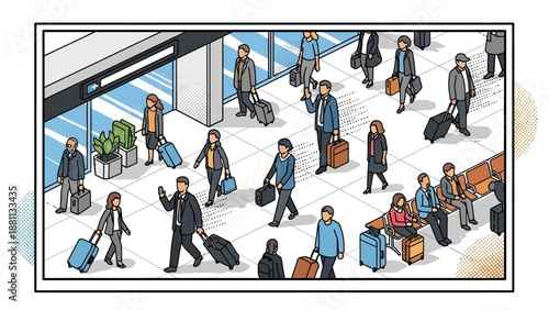 Isometric airport scene with travelers in busy terminal interior