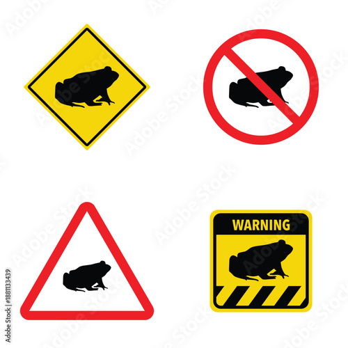 Set of frog crossing traffic sign. Vector illustration of yellow triangle warning sign and white cirle warning sign with frog icon inside. Wild forest animals likely to be in road ahead. Caution frog.