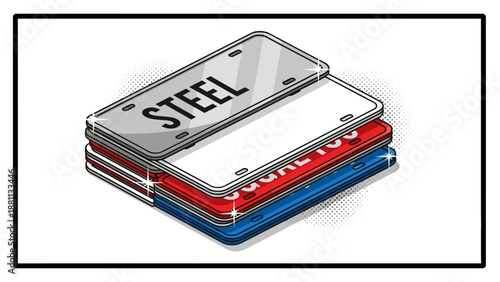 Stacked license plates with steel and color options in isometric design