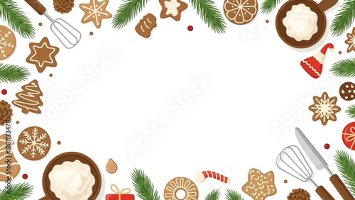Festive christmas baking frame with gingerbread cookies and holiday decorations