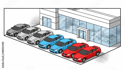 Isometric car dealership with showroom and parking area in modern style