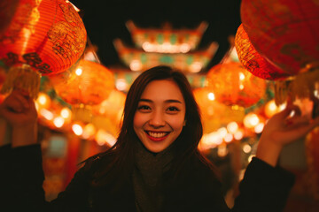 Happy asian woman celebrating Chinese New Year with glowing lanterns at night festival