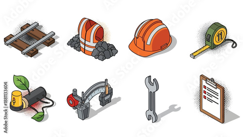 Isometric construction and engineering tools set with safety equipment and measuring instruments