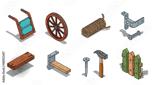 Rustic tools and materials for home projects in isometric design