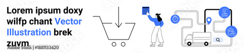 Online shopping, logistics, delivery process, package handling, digital commerce, retail management. Shopping cart, person handling a box connected delivery icons. Online shopping and logistics
