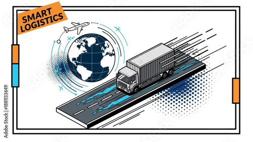 Global logistics concept with fast moving truck and abstract world connections