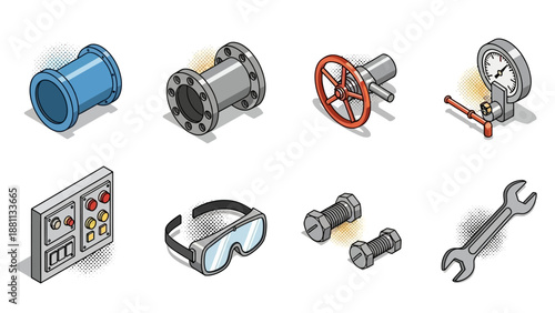Industrial elements with isometric engineering tools and equipment set