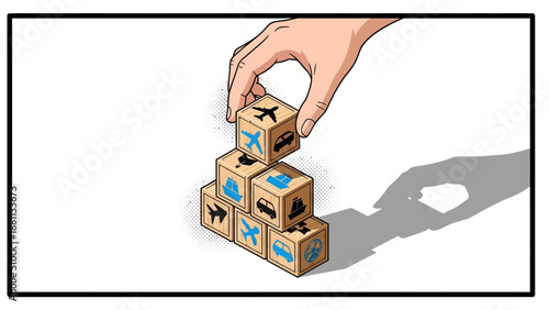 Building transportation concepts with hand placing wooden blocks