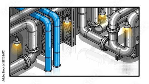 Industrial piping system with illuminated valves in a modern isometric design