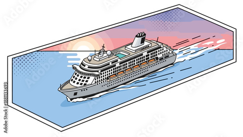 Isometric cruise ship on sunset sea in vibrant colors
