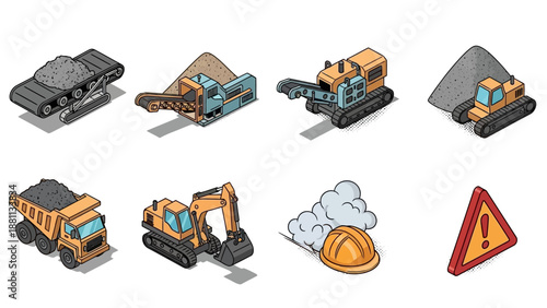 Isometric construction equipment and safety signs for industrial projects