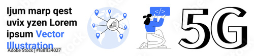 Technology advancements, 5G networks, global connections, coding process, digital transformation, communication systems. Woman writing code, network map bold 5G text. Technology advancements and 5G