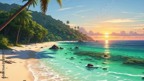 Idyllic tropical beach with turquoise water, white sand, and lush green vegetation at sunset.