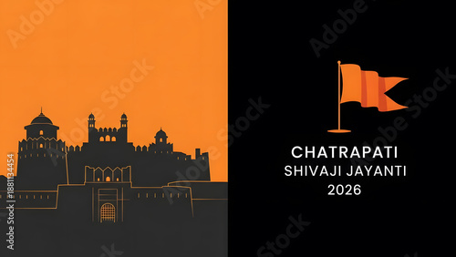 Fort landscape castle fortress king shivaji jayanti flag logo orange black background banner graphic design