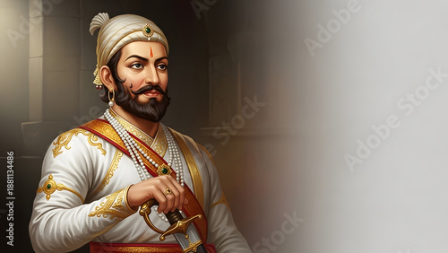 King Shivaji Maharaj leader warrior king portrait sword turban pearl jewelry history royalty culture tradition bravery power legacy