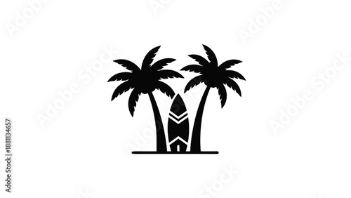 Vector illustration of tropical beach scene with palm trees and a surfboard, on transparent background