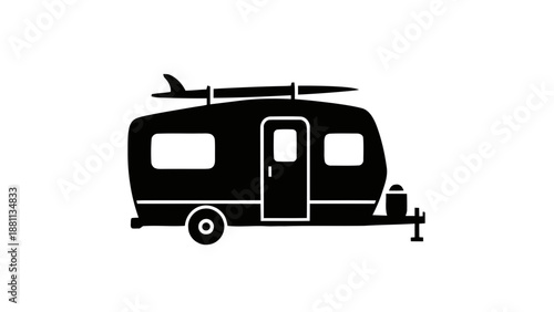 Vector illustration of a recreational travel trailer with a surfboard on its roof, on transparent background
