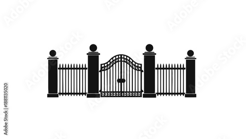 Vector illustration of an elegant black ornate metal gate and fence on transparent background