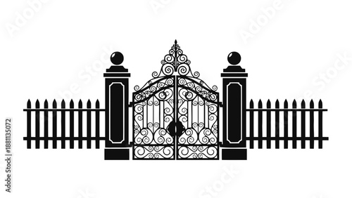 Vector illustration of elegant ornate wrought iron gate with fence, on transparent background