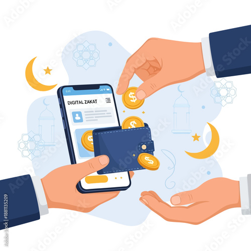 Illustration of hands exchanging coins and a wallet with a digital Zakat interface on a phone during Ramadhan and Eid Mubarak, symbolizing Fintech and Zakat Digital technology