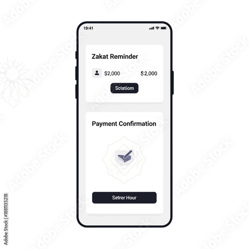 A smartphone screen displays a digital Zakat reminder and payment confirmation interface with a clean design on a white background, showcasing Fintech technology during Ramadhan and Eid