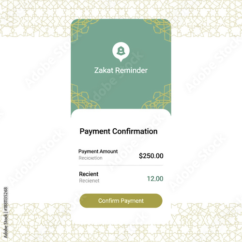 A digital illustration of a Zakat reminder payment confirmation screen on a mobile device with a green and gold design, related to Fintech and Zakat Digital during Ramadhan and Eid Mubarak