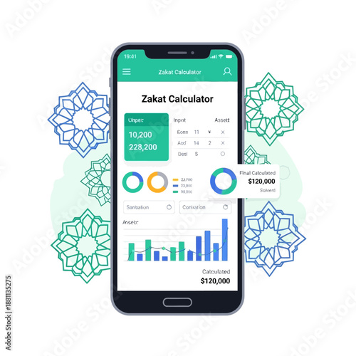 A smartphone displaying a Zakat Calculator app with a green and white interface, surrounded by blue and green geometric patterns on a white background, illustrating a Fintech tool for