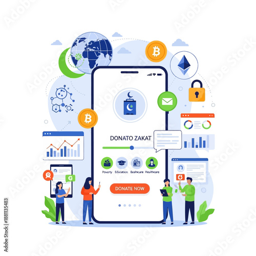 Digital illustration of people using a mobile app for Zakat Digital, a Fintech platform, on a white background with various icons and graphs, conveying a sense of technology and finance