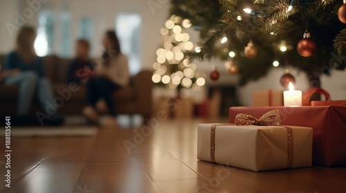 Christmas presents under a decorated tree with family in the background, creating a warm and festive holiday atmosphere.