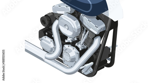 Detailed side view of classic motorcycle engine in isometric style