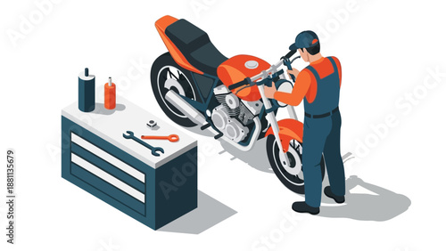 Mechanic working on motorcycle in garage with tools in isometric style