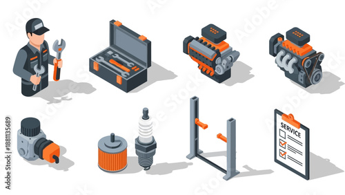 Isometric car repair tools and engine parts collection for maintenance