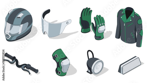 Set of modern isometric motorcycle gear and accessories in green and black