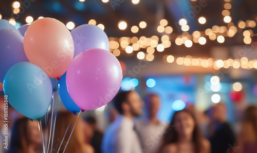 Colorful Balloons and Blurry Party Lights Create a Festive Atmosphere.