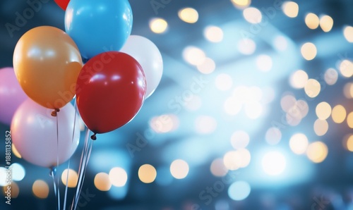 Colorful Balloons with Bokeh Lights in Background Celebrating Joyful Occasions and Festive Events.