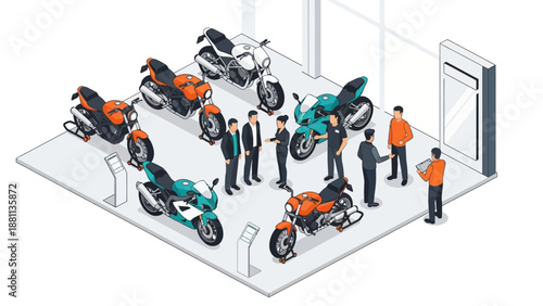 Isometric motorcycle showroom with customers and sales representatives in modern display