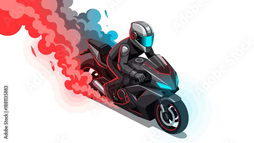 Futuristic motorcycle racing with helmeted rider and colorful smoke effects