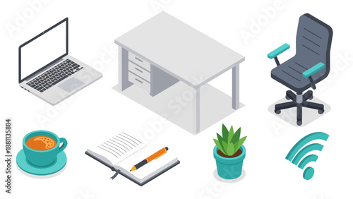 Modern workspace essentials in isometric view for home office inspiration