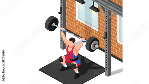 Isometric weightlifting scene with athlete in gym performing overhead squat by wall