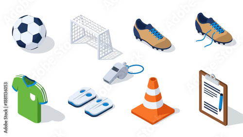 Isometric soccer equipment set: ball, shoes, goal, whistle, and more