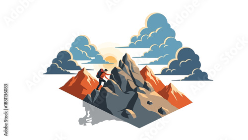 Adventure awaits: climbing a stylized mountain landscape with dramatic clouds
