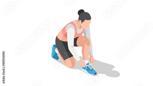 Female runner tying shoes in stylish athletic attire on white background