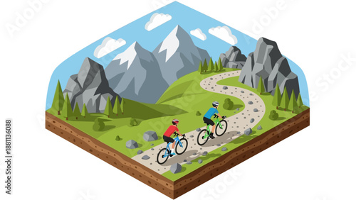 Bicyclists exploring mountain trails in scenic isometric landscape